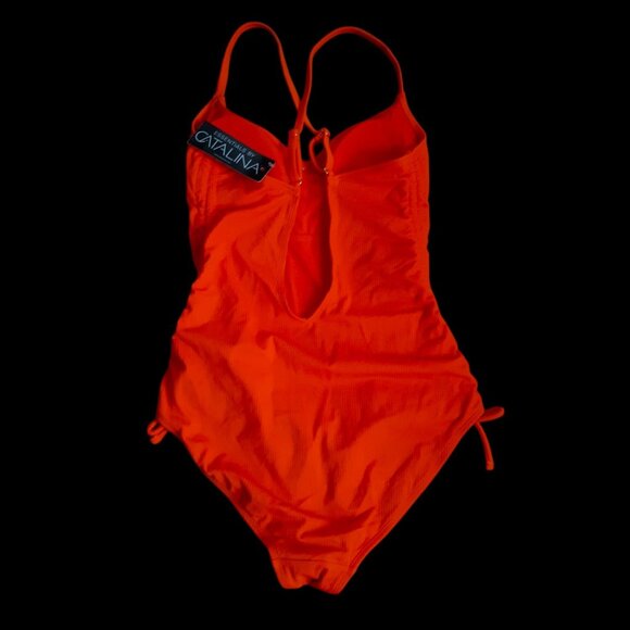 Catalina One Piece Swimsuit Side Ruched Adjustable Rib Knit Red Orange M 8-10 - Picture 3 of 7